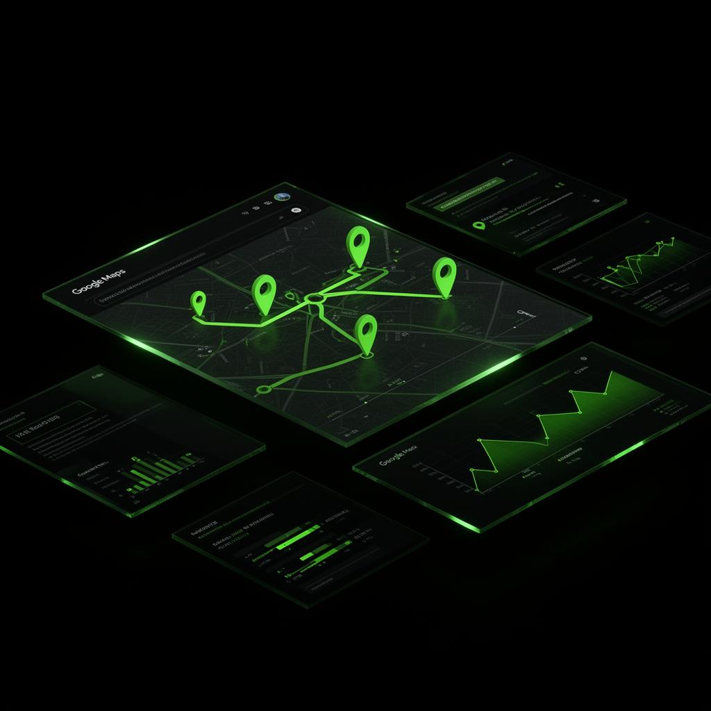 Google Maps interface with glowing green pins and analytics dashboards