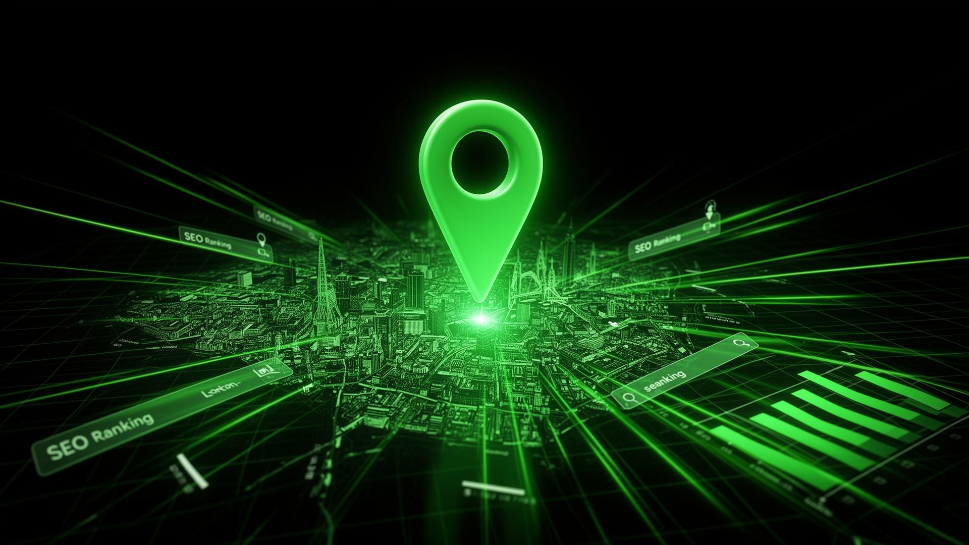Glowing green Google Maps location pin over a London cityscape with SEO ranking visualisations